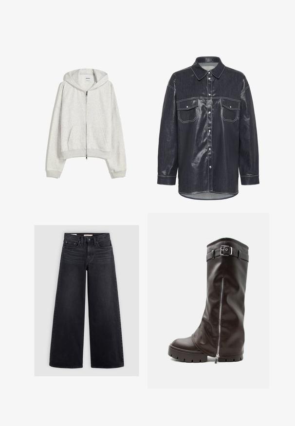 Lys grå cropped hoodie lavet af blødt stof; har en frontlynlås, stor hætte og ribbede manchetter og kant; inkluderer sidelommer.; Mørkeblå denimskjorte med en glat finish, to brystlommer og hvid søm. Har en spids krave og knaplukning foran.; Bredbenede sorte jeans lavet af denim, med høj talje, fem lomme-design og subtilt slid langs forsiden.; Høj mørkebrun læderstøvle med kraftig sål, sidelukning med lynlås og ankelrem med sølvspænde, vist på en hvid baggrund.