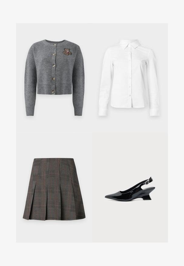 Grå strikket cardigan med rund halsudskæring, ribbet kant, fem knapper og en broderet bjørnedetalje på venstre side.; Hvid skjorte med lange ærmer, knapper, spids krave, lige kant og tætsiddende silhuet, vist på en ensartet lys baggrund.; Gråternet nederdel med plisseringer, prydet med intrikate mønstre i sort og hvid, akkompagneret af tynde røde linjer. Fremstillet af et struktureret stof.; Sort laklæder slingback sko med spids tå og lav vinklet blokhæl på ensartet lys baggrund.
