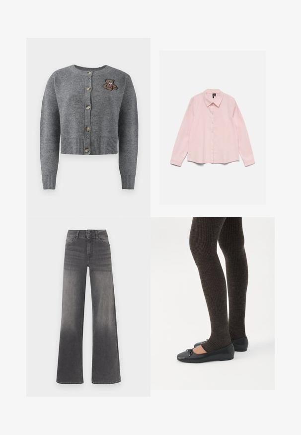 Grijze gebreide cardigan met een ronde hals, geribbelde onderrand, vijf knopen en een geborduurd berenmotief aan de linkerkant.; Lichtroze blouse met lange mouwen, knopen en kraag, plat gelegd op een witte achtergrond.; Grijze denim jeans met wijde pijpen, voorzien van een vervaagde afwerking, klassiek vijfzakkenontwerp, knoopsluiting en contrasterende stikdetails.; Benen met donkere geribbelde leggings gecombineerd met zwarte ballerina's met kleine strikdetails op een witte achtergrond.