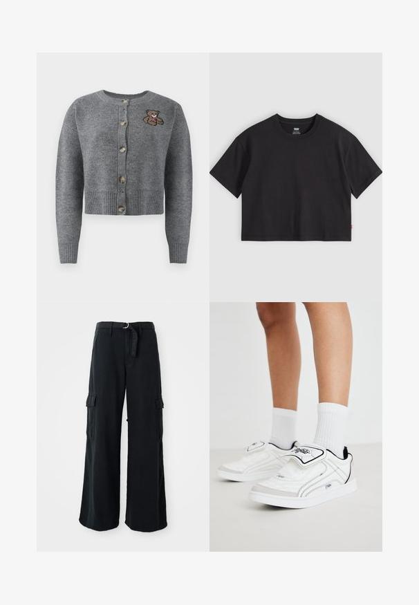 Grauer Strickcardigan mit rundem Halsausschnitt, geripptem Saum, fünf Knöpfen und einem gestickten Bärenmotiv auf der linken Seite.; Schwarzes, kurzärmeliges T-Shirt mit Rundhalsausschnitt und kleinem roten Levi's-Label an der Seitennaht, flach auf einem hellgrauen Hintergrund liegend.; Schwarze, weit geschnittene Cargo-Hosen aus Baumwolle mit einem Bindegürtel, ausgestattet mit zwei Seitentaschen und einer glatten Stoffstruktur.; Weiße Sportschuhe mit einem glatten synthetischen Obermaterial, schwarzen Akzenten und einem Klettverschluss. Ausgestattet mit weißen gerippten Socken und einem schlichten Sohlen-Design.