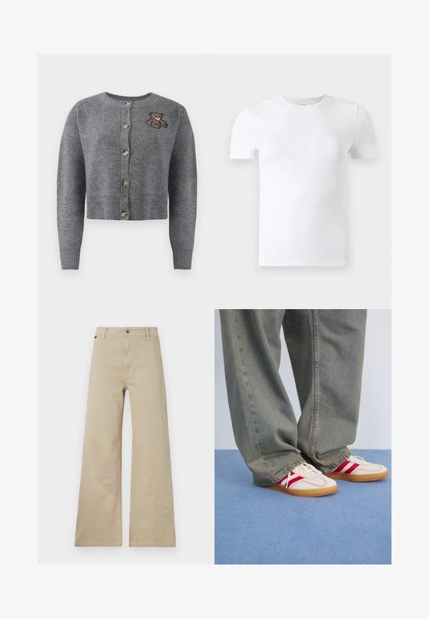 Grauer Strickcardigan mit rundem Halsausschnitt, geripptem Saum, fünf Knöpfen und einem gestickten Bärenmotiv auf der linken Seite.; Schlichtes weißes Kurzarm-T-Shirt mit Rundhalsausschnitt vor einem hellgrauen Hintergrund.; Beige weite Hosen aus Baumwolle. Mit Knopfverschluss, Gürtelschlaufen und Seitentaschen. Glatte, robuste Textur mit klassischem Design.; Weiße Sneaker mit roten Streifen, Obermaterial aus strukturiertem Canvas, runde Zehenpartie, flache Gummisohle, kombiniert mit lockeren, ausgebleichten blauen Jeanshosen.