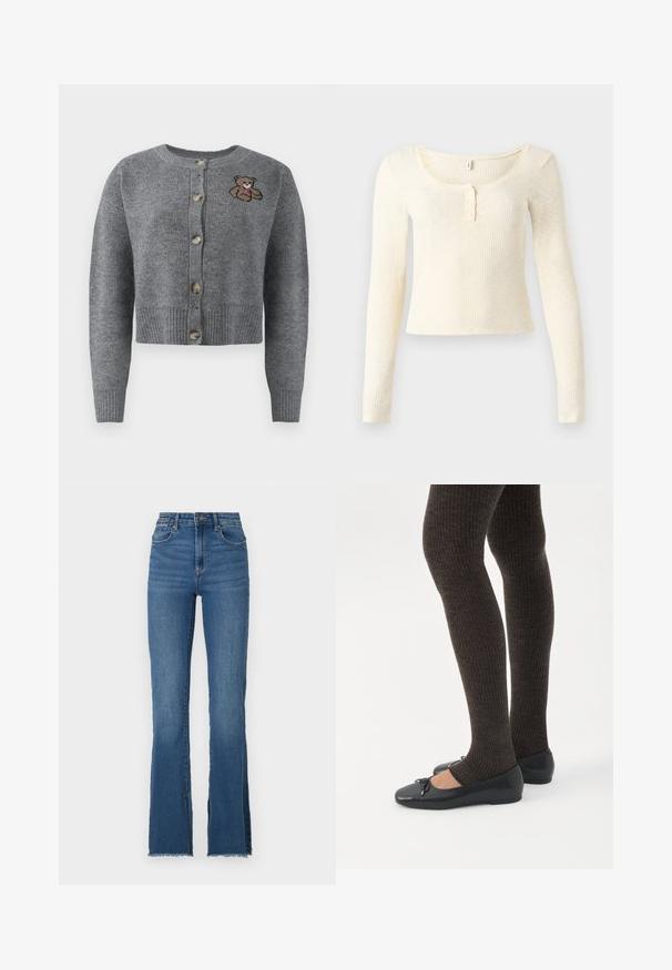 Gilet en tricot gris avec un col rond, un ourlet à côtes, cinq boutons et un détail brodé d'ours sur le côté gauche.; Top à manches longues en maille côtelée de couleur crème clair ; présente un col rond et une patte de boutonnage à trois boutons. Texture douce et coupe ajustée.; Jean en denim bleu évasé avec taille haute, présentant un ourlet effiloché et un design à cinq poches. Texture lisse avec un dégradé subtil.; Jambes portant des leggings côtelés foncés associés à des ballerines noires avec de petits détails en nœud sur fond blanc.