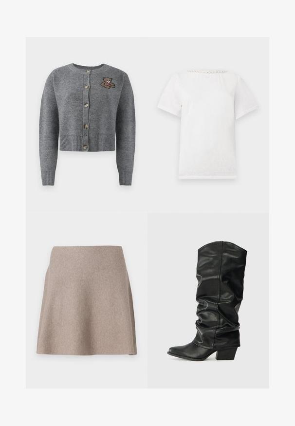 Grå strikket cardigan med rund halsudskæring, ribbet kant, fem knapper og en broderet bjørnedetalje på venstre side.; Hvid t-shirt med korte ærmer og rund halsudskæring med en række dekorative perler langs kraven.; En beige, flagrende nederdel lavet af blødt stof med en glat tekstur og en ren kant. Enkel design uden synlige mønstre eller udsmykninger.; Sorte læderknæhøje støvler med et skrånet design, spids tå og chunky hæl, der har en glat overflade og minimal syning.