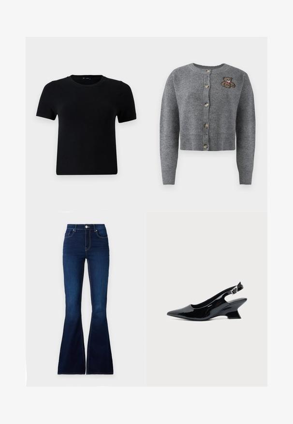 Cardigan gris de punto con cuello redondo, dobladillo acanalado, cinco botones y un detalle de oso bordado en el lado izquierdo.; Camiseta negra de manga corta con cuello redondo, hecha de tela suave. Presenta un corte clásico y un diseño limpio y sencillo.; Jeans de campana de color azul oscuro con una cintura alta, fabricados en denim. Presentan costuras en contraste y un cierre con botón en la parte delantera. Textura suave.; Zapato slingback de cuero charol negro con puntera puntiaguda y tacón bajo en bloque inclinado sobre fondo claro liso.