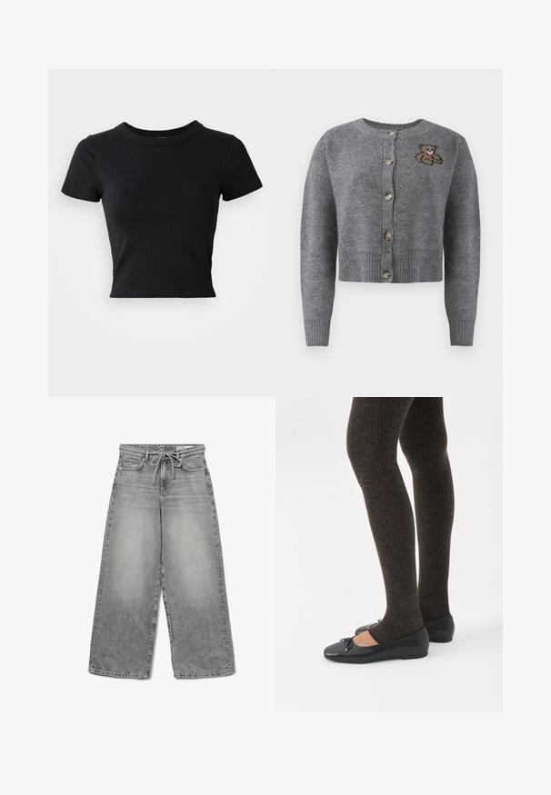 Grå strikket cardigan med rund halsudskæring, ribbet kant, fem knapper og en broderet bjørnedetalje på venstre side.; Sort cropped t-shirt lavet af solid bomuld, med korte ærmer og rund halsudskæring, med et glat og enkelt design.; Bredde ben grå denim jeans med en falmet finish, snoreliv og traditionelt fem-lomme design, der har synlige syninger.; Ben iført mørke ribbede leggings kombineret med sorte balletsko med små sløjfedetaljer på hvid baggrund.