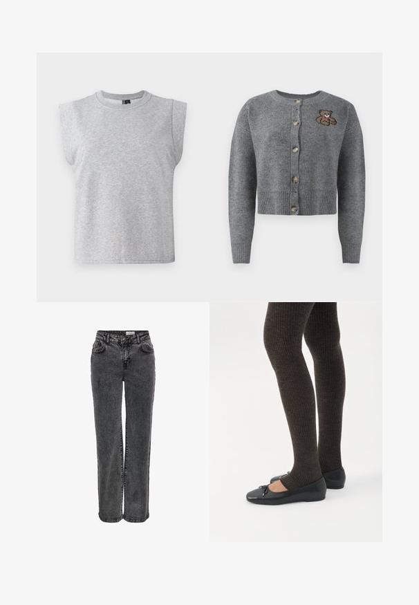 Grijze gebreide cardigan met een ronde hals, geribbelde onderrand, vijf knopen en een geborduurd berenmotief aan de linkerkant.; Grijze mouwloze t-shirt van zachte stof met een ronde halslijn en iets gepolsterde schouders, met een rechte zoom.; Zwarte denim jeans met een rechte pijpdesign, voorzien van zijzakken, riemlussen en een subtiele vervaagde textuur.; Benen met donkere geribbelde leggings gecombineerd met zwarte ballerina's met kleine strikdetails op een witte achtergrond.