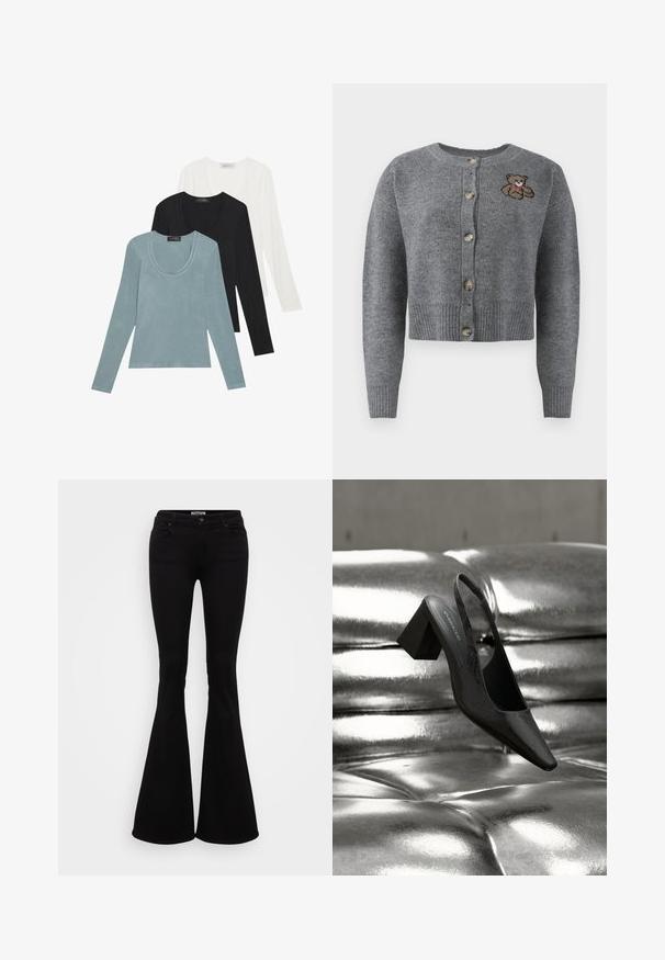 Grå strikket cardigan med rund halsudskæring, ribbet kant, fem knapper og en broderet bjørnedetalje på venstre side.; Tre langærmede toppe i lys blå, sort og hvid. Designet har en rund udskæring og en blød, let stoftekstur.; Sort flare jeans lavet af strækdenim, med en tætsiddende talje, for- og baglommer samt en knaplukning i taljen.; Sort slingback-hæl med spids tå, der har en tekstureret overflade og en chunky blokhæl. Lagt mod en skinnende, metallisk baggrund.