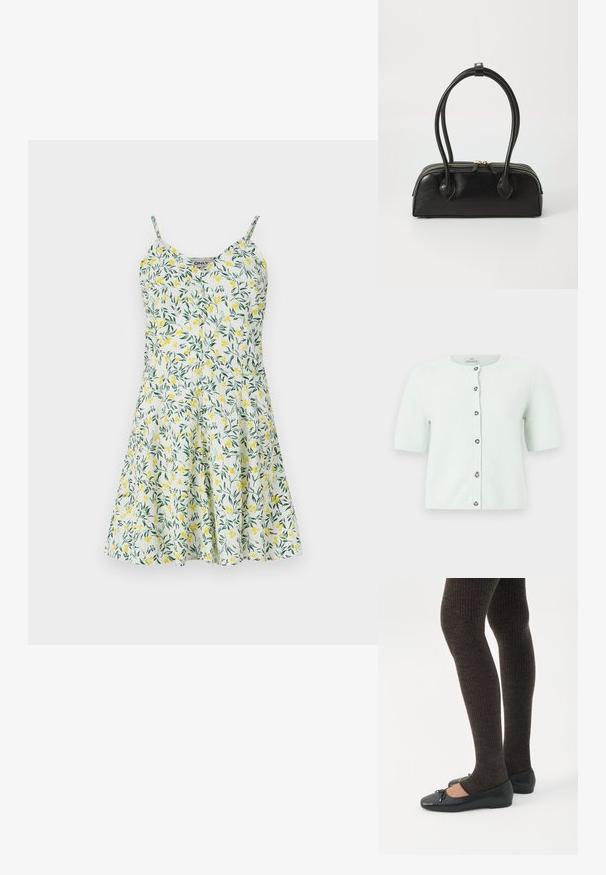 Cardigan tricoté bleu pâle à manches courtes avec encolure ronde et sept boutons sur le devant, présenté sur un fond clair.; Robe florale avec un motif de feuilles jaunes et vertes sur fond blanc. Dotée de bretelles fines, d'un décolleté en V et d'une jupe évasée. Tissu léger.; Jambes portant des leggings côtelés foncés associés à des ballerines noires avec de petits détails en nœud sur fond blanc.; Sac à main en cuir noir avec deux anses allongées, fermeture éclair et forme arrondie ; texture lisse avec une finition légèrement brillante.