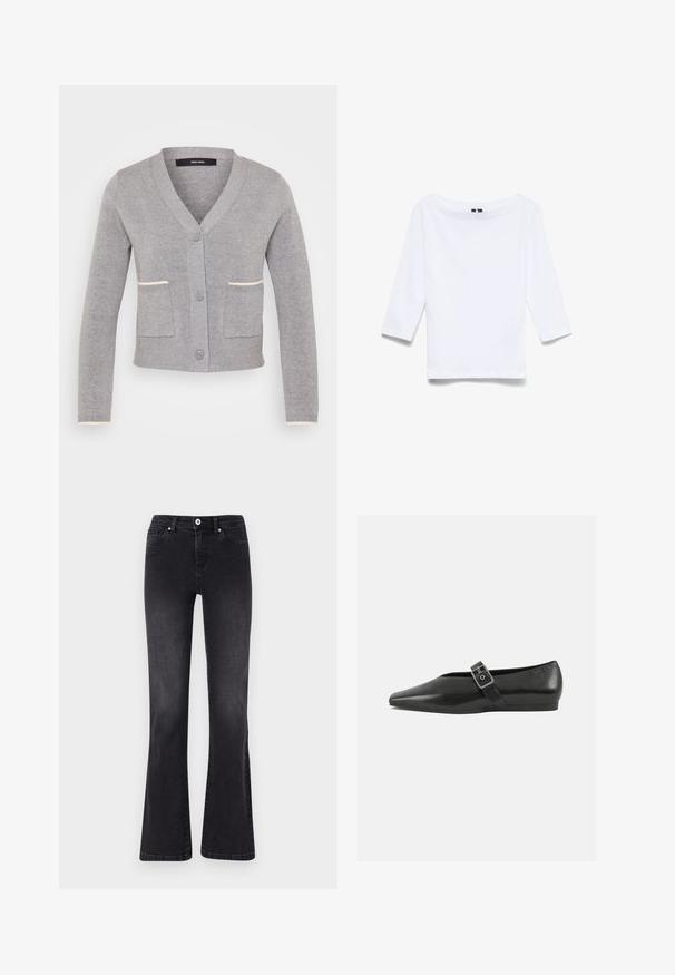 Cardigan gris avec col en V, fermeture à boutons sur le devant, deux poches et bords des poches et des poignets en crème clair contrastant. Texture douce.; Chemise blanche à manches trois-quarts en tissu mélangé coton ; présente un large col bateau et une texture lisse et légère.; Jeans évasés noirs en denim, dotés d'une fermeture à bouton, de cinq poches et d'un léger délavage. Détails cousus le long des coutures.; Chaussure plate en cuir noir avec un orteil pointu, présentant une sangle à boucle métallique sur le cou-de-pied et une semelle basse et flexible.
