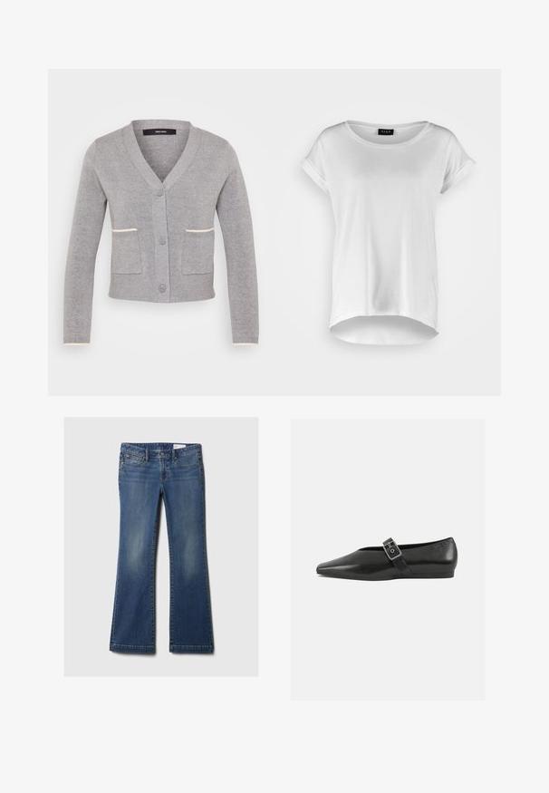 Grå cardigan med V-hals, frontknaplukning, to lommer og kontrasterende lyscreme kant på lommens kanter og ærmernes manchetter. Blød tekstur.; Hvid kortærmet T-shirt med rund halsudskæring, lidt længere bagkant, blødt bomuldsstof og oprullede ærmer. Ingen synlige tryk.; Blå denim flared jeans med fem lommer, kobbernitter, subtilt slid, og et klassisk taljebånddesign. Lige skåret kant forneden.; Sorte læder flade sko med spidse tæer, prydet med en metallisk spænde over vristen og en lav, fleksibel sål.