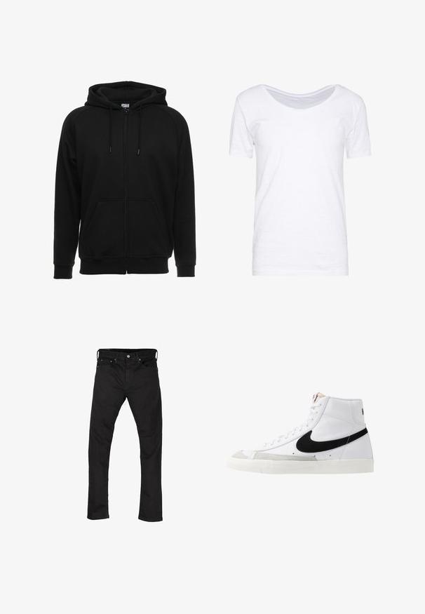 Zwarte hoodie met rits gemaakt van zacht materiaal, voorzien van een capuchon, voorzakken en geribbelde boorden. Eenvoudig ontwerp zonder patronen of accenten.; Witte korte mouwen t-shirt, ronde halslijn, zachte textuur, ontspannen pasvorm, gemaakt van lichtgewicht stof met een lichte rek. Geen patronen of accenten.; Zwarte spijkerbroek van denim met een rechte pijp, vijf zakken en een metalen knoopsluiting. Gladde textuur en uniforme kleur door het hele ontwerp.; Witte hoge sneakers met een zwarte swoosh, textuur grijze neus en een vlakke witte zool. Kenmerkt zes veteropeningen en gestikte accenten.