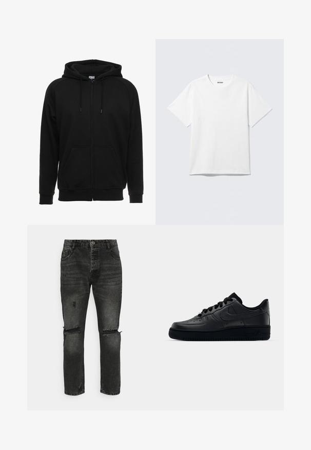 Sweat à capuche noir zippé en matière douce, avec une capuche, des poches avant et des poignets côtelés. Design simple sans motifs ni accents.; T-shirt blanc à manches courtes et col rond, étalé à plat, design uni, avec l'étiquette "WEEKDAY" à l'intérieur du col sur un fond clair.; Brave Soul CHEROKEECHAR - Jean droit - charcoal wash; Baskets Nike Air Force 1 noires avec un dessus en cuir lisse, bout perforé pour la respirabilité, lacets noirs et semelle en caoutchouc texturé.