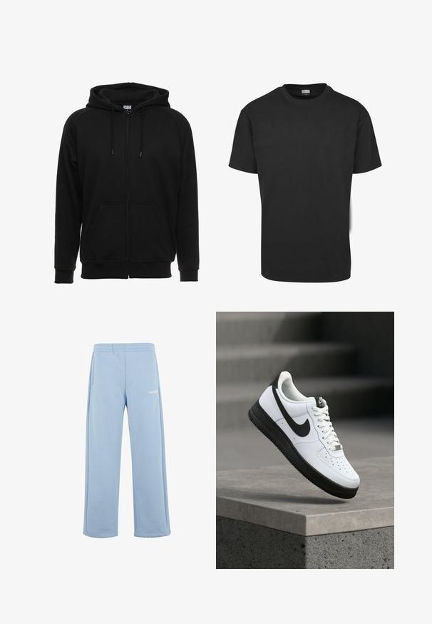 Zwarte hoodie met rits gemaakt van zacht materiaal, voorzien van een capuchon, voorzakken en geribbelde boorden. Eenvoudig ontwerp zonder patronen of accenten.; Zwart katoenen T-shirt met korte mouwen, ronde halslijn en een standaard pasvorm. De stof lijkt glad en ongekleed.; Lichtblauwe sweatpants van een katoenmix, met een elastische tailleband, zijzakken en een wit logo op de linker bovenbeen.; Witte leren sneaker met zwarte accenten, afgeronde neus en geperforeerde details. Zwarte rubberen zool met een gestructureerd patroon en vetersluiting.