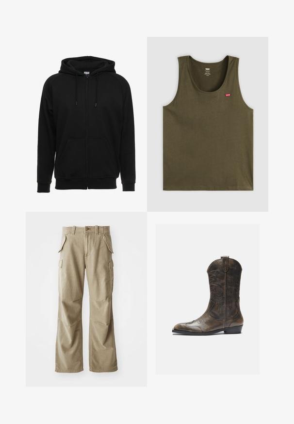 Sort hættejakke med lynlås lavet af blødt materiale, med hætte, frontlommer og ribstrikkede manchetter. Enkel design uden mønstre eller accenter.; Oliven grøn tanktop lavet af blødt stof, med en rund hals og et lille rødt logo øverst til venstre. Enkel design, ingen mønstre eller accenter.; Beige cargo bukser lavet af slidstærkt stof, med en afslappet pasform, flere sidelommer og forstærkede knæ. Flad frontdesign.; Brune læder cowboystøvle med en høj skaft, spids tå, intrikate syning mønstre og en lille hæl. Struktureret finish hele vejen igennem.