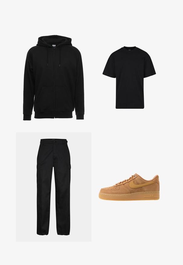 Zwarte hoodie met rits gemaakt van zacht materiaal, voorzien van een capuchon, voorzakken en geribbelde boorden. Eenvoudig ontwerp zonder patronen of accenten.; Zwarte T-shirt met korte mouwen en ronde hals, een ontspannen pasvorm, eenvoudig ontwerp zonder zichtbare logo's of patronen.; Zwarte cargobroek met een rechte pasvorm, voorzien van zijzakken, een knoopsluiting en elastische boorden bij de enkels. Gemaakt van duurzaam materiaal.; Nike Sportswear AIR FORCE 1 07 - Sneakers laag - flax/wheat/light brown/black/team gold
