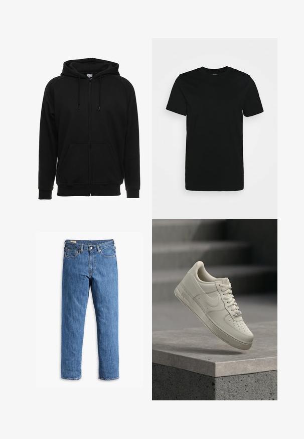 Sort hættejakke med lynlås lavet af blødt materiale, med hætte, frontlommer og ribstrikkede manchetter. Enkel design uden mønstre eller accenter.; Sort kortærmet T-shirt lavet af glat bomuldsstoff, med rund halsudskæring og et enkelt design uden mønstre eller accenter.; Blå denimjeans med lige ben, kobbernitter og fem-lomme design. Har en syet kant og et klassisk taljebånd med bæltestropper.; En enkelt beige sneaker med snørebånd svæver over en grå betonoverflade, Nike-swoosh synlig, sløret baggrund med trappe.