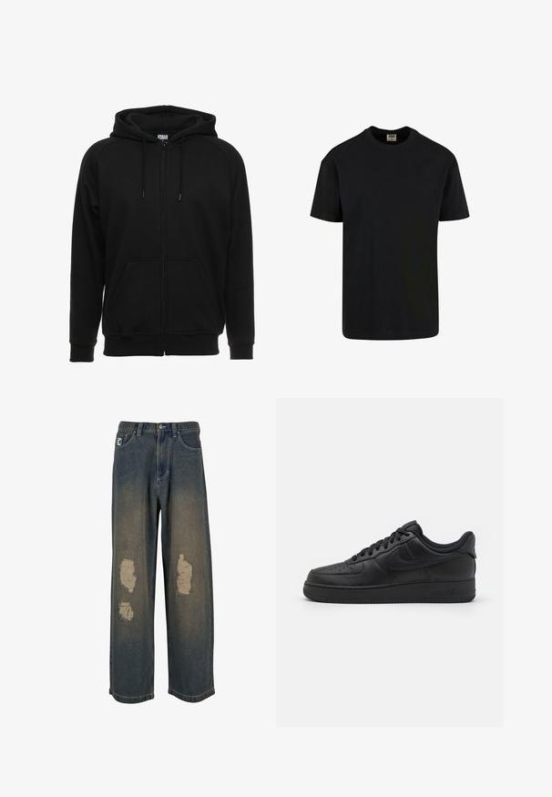 Sudadera negra con cremallera, hecha de material suave, que cuenta con capucha, bolsillos delanteros y puños acanalados. Diseño sencillo sin patrones ni acentos.; Urban Classics SHORTSLEEVE - Camiseta básica - black; Jeans de denim azul desgastado con pierna ancha, que presentan parches desgastados y bordes deshilachados. Cierre de botón y cremallera de metal, con bolsillos delanteros.; Nike Sportswear AIR FORCE 1 07 FLYEASE - Zapatillas - black