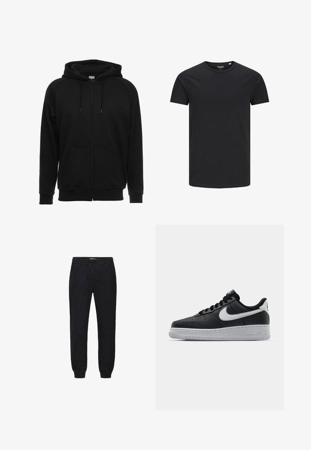 Sweat à capuche noir zippé en matière douce, avec une capuche, des poches avant et des poignets côtelés. Design simple sans motifs ni accents.; T-shirt en coton noir avec un col rond, des manches courtes et un design simple. Texture lisse, sans motifs ni éléments visibles.; Pantalon de jogging noir avec taille élastique et cordon de serrage. Bords-côtes aux chevilles et tissu doux assurent confort et coupe décontractée.; Baskets en cuir noir avec surface texturée, swoosh Nike blanc, semelle grise, bout rond et design à lacets. Comprend des perforations sur la boîte à orteils.