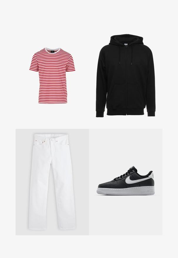 Sort hættejakke med lynlås lavet af blødt materiale, med hætte, frontlommer og ribstrikkede manchetter. Enkel design uden mønstre eller accenter.; Rød- og hvidstribet kortærmet t-shirt med rund hals, lavet af stof med en glat tekstur. Har jævne vandrette striber.; Hvide jeans med lige ben, fem-lomme design, knap- og lynlåslukning samt kobbernitdetaljer på lommerne.; Sort lædersneaker med tekstureret overflade, hvid Nike swoosh, grå sål, rund tå og snørebåndsdesign. Har perforeringer på tåboksen.