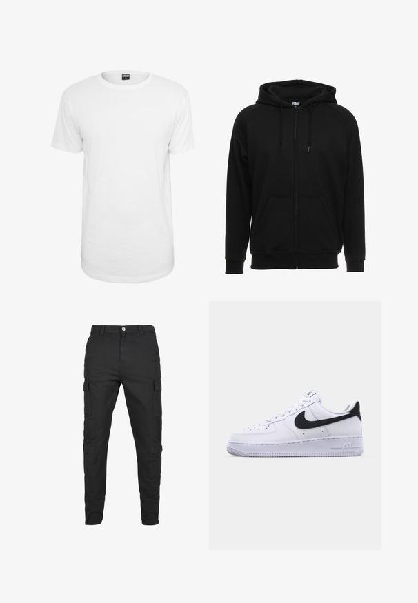 Sweat à capuche noir zippé en matière douce, avec une capuche, des poches avant et des poignets côtelés. Design simple sans motifs ni accents.; T-shirt blanc à manches courtes en coton, avec un col rond classique, une coupe décontractée et sans motifs ni logos visibles.; Pantalons cargo noirs en tissu durable. Comprend plusieurs poches latérales, une fermeture à bouton et un design de jambe fuselée. Devant plat, sans motifs.; Sneaker en cuir blanc avec un Swoosh noir texturé, des lacets plats et une semelle en caoutchouc avec un motif strié. "AIR" est embossé sur le talon.