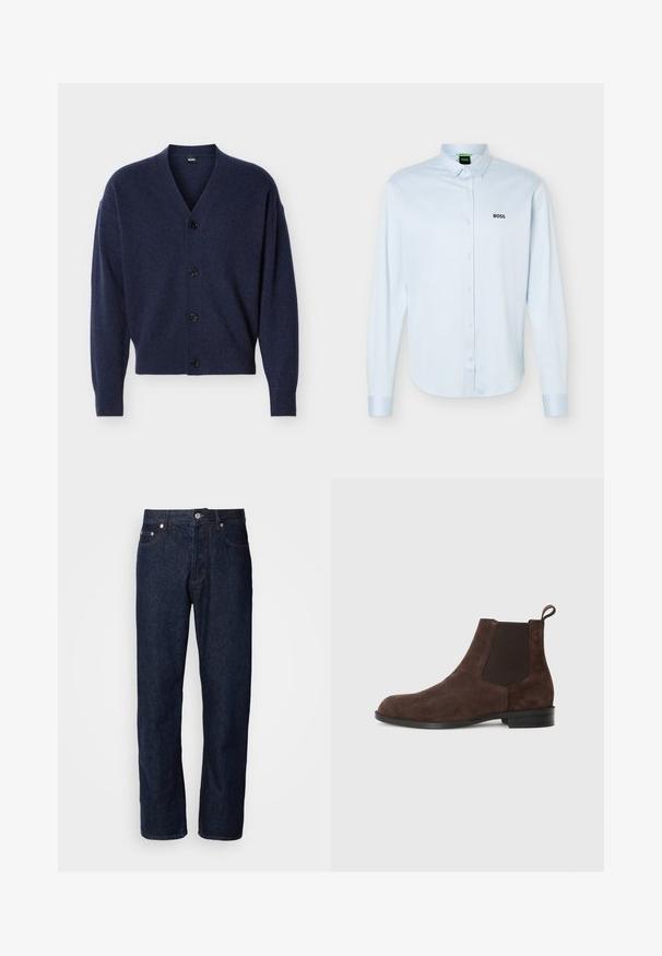 Marineblauwe gebreide cardigan met V-hals, lange mouwen, geribbelde manchetten en zoom, en vier zwarte knopen aan de voorkant.; Lichtblauw overhemd met lange mouwen, knopen en kraag, zwart "BOSS"-logo op de linkerborst en manchetten met knopen.; Donkerblauwe denim jeans met een rechte pijp, voorzien van vijf zakken, een knoopsluiting en subtiele stikselaccenten.; Bruine suède enkelboots met elastische zijkanten, ronde neus en lus aan de hiel. Plat zwart rubberen zool.