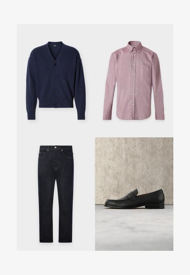 Marineblå strikket cardigan med V-hals, lange ærmer, ribbede ærmegab og kant samt fire sorte knapper foran.; Langærmet, knap-til-ned mauve skjorte med krave og synlige knapper, lagt fladt med diskret logo broderi på venstre bryst.; Mørkeblå denimjeans med lige ben-design, der har fem lommer, kontrastfarvet orange syninger og en knaplukning i taljen.; Sort lædersko i loafer-stil svæver over et beige tæppe med et blankt brunt rundt bord i baggrunden.