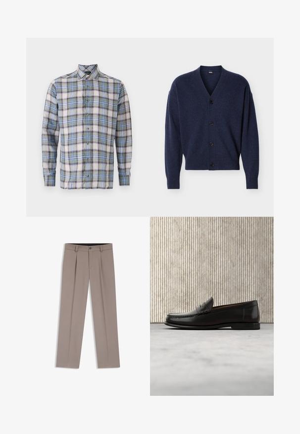 Marineblauwe gebreide cardigan met V-hals, lange mouwen, geribbelde manchetten en zoom, en vier zwarte knopen aan de voorkant.; Geruite shirt in witte, blauwe, groene en paarse tinten. Heeft een button-down kraag, lange mouwen en knopen aan de voorkant. Lichtgewicht stof.; Lichtbruine, op maat gemaakte herensbroek met ceintuurlussen, plooien, knopen aan de voorkant en ritssluiting, plat gelegd op een witte achtergrond.; Zwarte leren penny loafer met lage hak, afgeronde neus en gestikte details langs de voorkant en zijkanten, afgebeeld op een neutrale achtergrond.