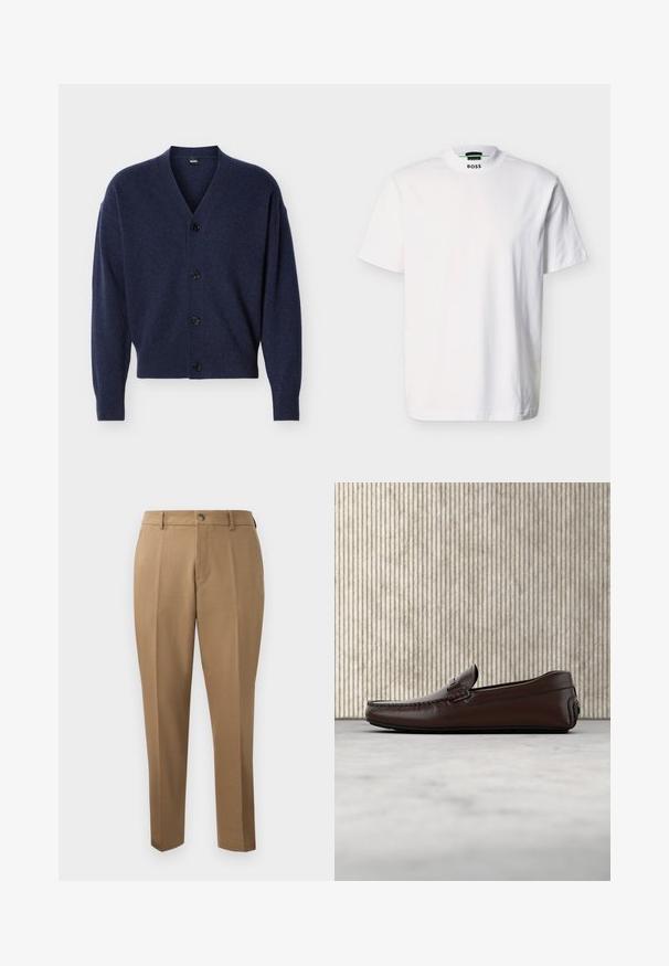 Marineblå strikket cardigan med V-hals, lange ærmer, ribbede ærmegab og kant samt fire sorte knapper foran.; Hvid kortærmet T-shirt lavet af bomuld, med rund halsudskæring og et trykt mærkelogo ved kraven. Glat tekstur, enkelt design.; Brune skræddersyede bukser med lige snit, enkelt plissé, bæltestropper og frontknaplukning. Glat stof med en mat overflade.; Brune lædersandaler med en glat overflade, mokkasin-lignende syninger, hævet tå og en lav, fleksibel gummisål.