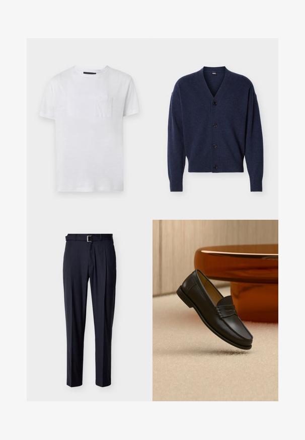 Cardigan en tricot bleu marine avec col en V, manches longues, poignets et ourlet côtelés, et quatre boutons noirs à l'avant.; T-shirt blanc uni à manches courtes et col rond avec une petite poche sur la poitrine, présenté sur un fond gris clair.; Pantalon sur mesure à fines rayures bleu marine avec une ceinture assortie et une boucle rectangulaire argentée, présenté à plat sur un fond clair.; Chaussure mocassin en cuir noir suspendue au-dessus d’un tapis beige avec du mobilier moderne couleur ambre en arrière-plan.