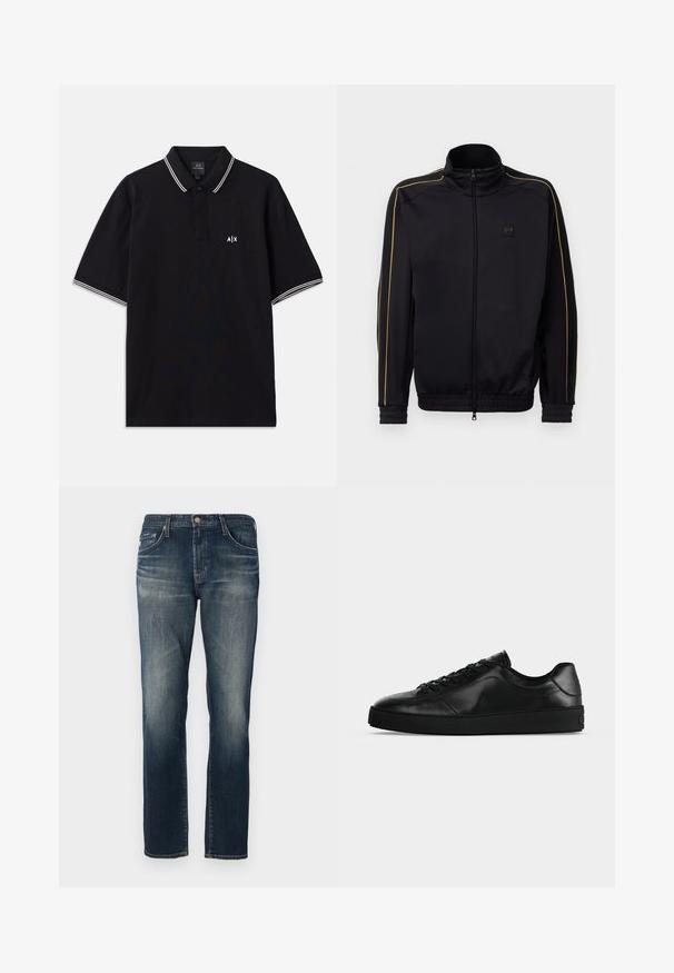 Veste de survêtement zippée noire avec des passepoils dorés sur les manches et les épaules, des poignets et un ourlet élastiques, et un petit logo EA7 sur la poitrine.; Polo noir en coton, doté d'un col à deux boutons, avec des accents rayés blancs sur les manches et un logo sur la poitrine.; Jean en denim bleu foncé avec une coupe droite, cinq poches, un léger délavage et des détails de couture contrastants. Fermeture à bouton en métal et à zip.; Sneaker noir en cuir à profil bas avec lacets sur le devant et semelle plate texturée, montré de profil sur un fond neutre.