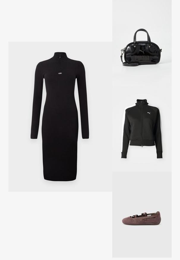 Schwarze Zip-Jacke mit hohem Kragen, ausgestattet mit weißen Seitenpaneelen und einem kleinen weißen Logo auf der Brust. Rippbündchen und Saum.; Schwarzes, geripptes langärmliges Kleid mit einem halbseitigen Reißverschlusskragen und figurbetonter Silhouette, mit einem kleinen Logo auf der Brust. Glatte Textur.; Brauner Ballerinaschuh aus Wildleder mit elastischen Riemen und strukturierter Sohle, in Seitenansicht vor hellem, einfarbigem Hintergrund gezeigt.; Schwarze Lacklederhandtasche mit doppelten Griffen oben, abnehmbarem Schulterriemen, runder Form und hervorgehobenem geprägten "PUMA"-Logo.
