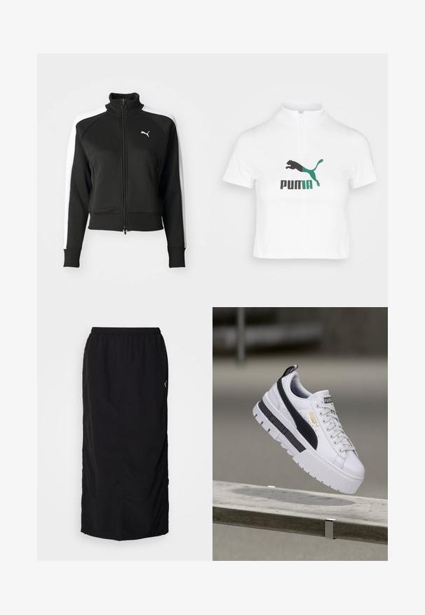 Sort zip-jakke med høj krave, der har hvide sideskåringsdetaljer og et lille hvidt logo på brystet. Ribkanter på ærmerne og nederste kant.; Hvid cropped polo skjorte med halv-zip lukning, der har et sort og teal Puma-logo foran. Fremstillet af glat stof.; Sort atletisk nederdel med elastisk talje, der har sideskaller for nem bevægelse og minimal mærkning på højre side.; Hvid Puma platform-sneaker med sort stribe og gyldent logo, svævende over en betonbænk i udendørs omgivelser.