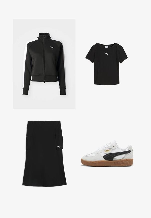 Chaqueta negra con cierre de cremallera y cuello alto, que cuenta con acentos en paneles laterales blancos y un pequeño logo blanco en el pecho. Puños y dobladillo acanalados.; Camiseta negra de canalé de manga corta Puma con cuello redondo y logo blanco de Puma centrado en el pecho.; Falda negra hasta la rodilla con bolsillos cargo en ambos lados y un pequeño logo blanco de Puma en la solapa del bolsillo derecho.; Zapatillas de cuero blanco con una franja de ante negro, suela de goma y branding dorado en el costado. Diseño con cordones y puntera redondeada.