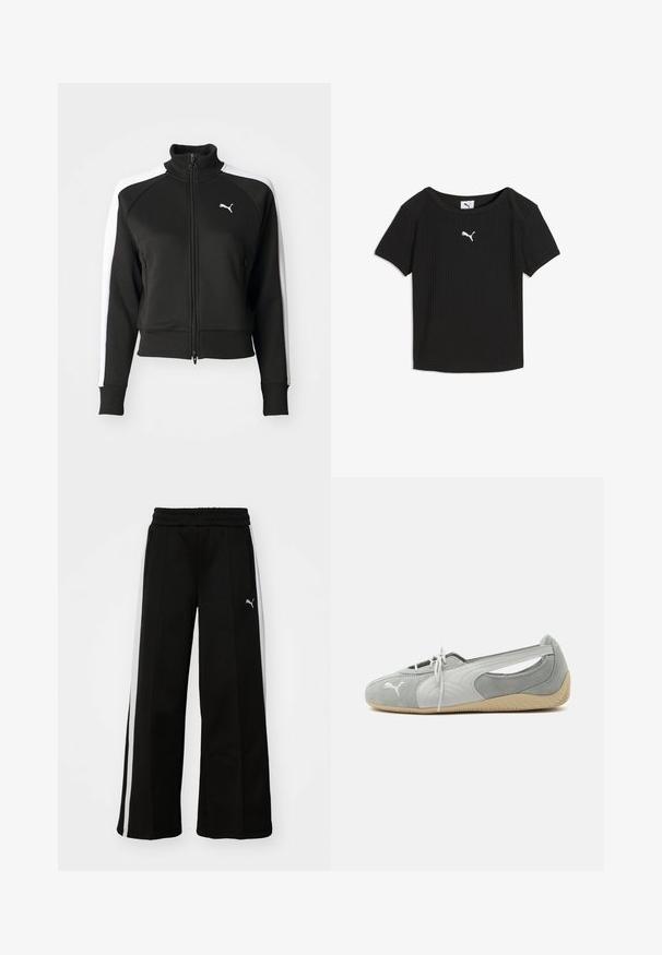 Sort zip-jakke med høj krave, der har hvide sideskåringsdetaljer og et lille hvidt logo på brystet. Ribkanter på ærmerne og nederste kant.; Sort ribstrikket Puma T-shirt med korte ærmer, rund halsudskæring og hvidt Puma-logo centreret på brystet.; Sorte bukser med vide ben, elastisk talje, lodrette hvide striber, sidelivlommer og et lille logo på låret.; Lysegrå Puma ruskind flad sko med hvidt logo, snørelukning foran, udskårne sider og beige tekstureret sål, vist fra ydersiden.