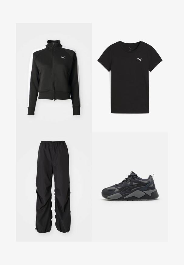 Schwarze Zip-Jacke mit hohem Kragen, ausgestattet mit weißen Seitenpaneelen und einem kleinen weißen Logo auf der Brust. Rippbündchen und Saum.; Schwarzes Puma-T-Shirt mit kurzen Ärmeln, Rundhalsausschnitt und weißem Puma-Logo auf der linken Brust.; Schwarze Hose mit elastischem Bund aus wasserdichtem Material. Sie verfügt über eine lockere Passform mit gesammelten Bündchen an den Knöcheln und ohne sichtbare Muster.; Schwarze sportliche Sneaker mit Obermaterial aus Mesh und Textil in Grauakzenten, einer robusten Sohle und markanten Designlinien.