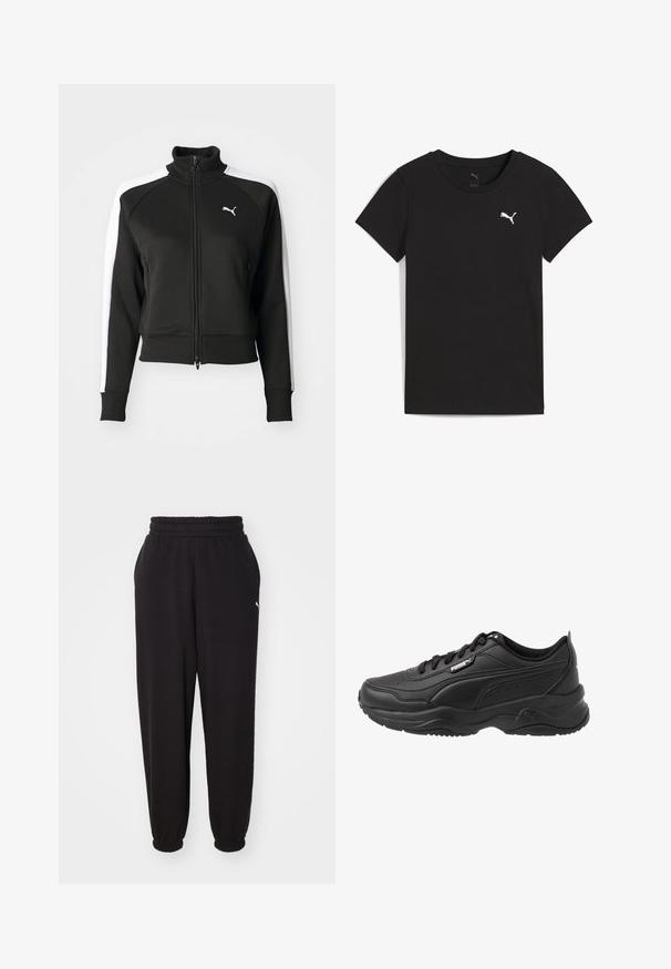Veste zippée noire avec col haut, présentant des accents de panneaux latéraux blancs et un petit logo blanc sur la poitrine. Poignets et ourlet côtelés.; T-shirt Puma noir à manches courtes avec col rond et logo Puma blanc sur le côté gauche de la poitrine.; Pantalon de survêtement noir en tissu doux, avec une taille côtelée et des chevilles resserrées. Comprend un petit logo sur le côté.; Chaussures de sport noires en cuir lisse, avec un col rembourré, un bout rond, des lacets et le logo Puma sur le côté.