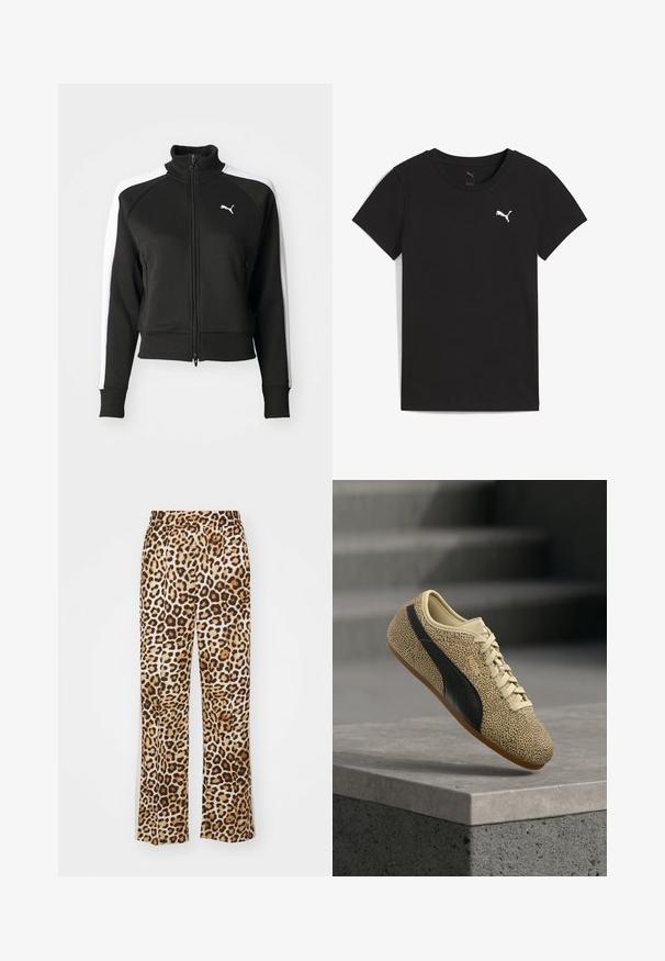 Sort zip-jakke med høj krave, der har hvide sideskåringsdetaljer og et lille hvidt logo på brystet. Ribkanter på ærmerne og nederste kant.; Sort Puma T-shirt med korte ærmer, rund hals og hvidt Puma-logo på venstre bryst.; Leopardprint bukser lavet af blødt stof, med en afslappet pasform, vide ben og en elastisk talje i beige og brune nuancer.; Tan sneaker med sort stribe og små sorte prikker, beige snørebånd og gummisål, placeret i luften over en grå betonafdækning.