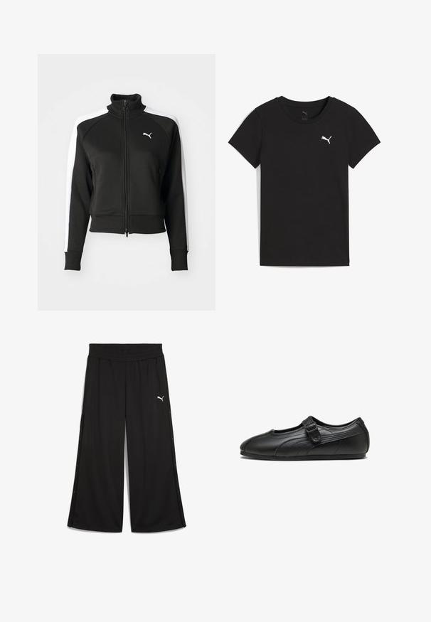 Veste zippée noire avec col haut, présentant des accents de panneaux latéraux blancs et un petit logo blanc sur la poitrine. Poignets et ourlet côtelés.; T-shirt Puma noir à manches courtes avec col rond et logo Puma blanc sur le côté gauche de la poitrine.; Pantalon de sport noir avec une taille élastique, boutons-pression sur les côtés et logo Puma blanc à l'avant. Fabriqué en tissu léger.; Chaussure Mary Jane en cuir noir avec bride à boucle, semelle plate basse, et détails de couture subtils sur les côtés et la zone des orteils.
