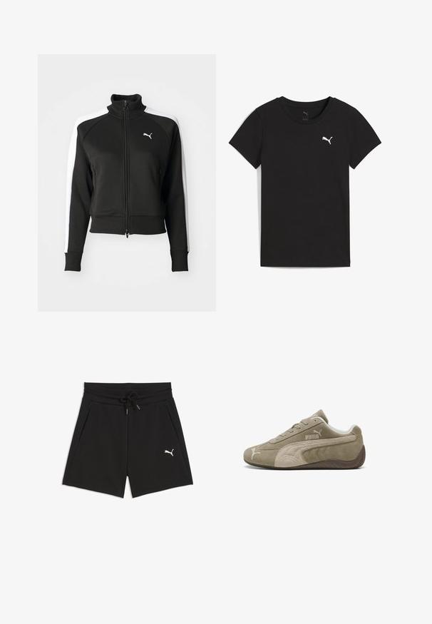 Veste zippée noire avec col haut, présentant des accents de panneaux latéraux blancs et un petit logo blanc sur la poitrine. Poignets et ourlet côtelés.; T-shirt Puma noir à manches courtes avec col rond et logo Puma blanc sur le côté gauche de la poitrine.; Shorts de sport noirs avec taille à cordon, poches latérales et logo blanc Puma sur la jambe droite.; Baskets en daim marron clair avec des accents plus foncés, présentant un design bas, un système de laçage et un logo de marque sur le côté.