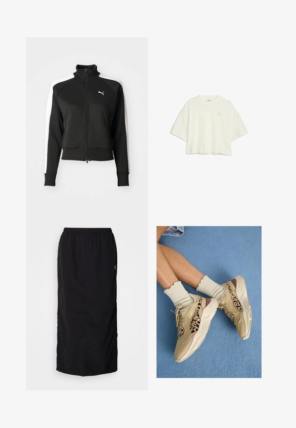 Chaqueta negra con cierre de cremallera y cuello alto, que cuenta con acentos en paneles laterales blancos y un pequeño logo blanco en el pecho. Puños y dobladillo acanalados.; Camiseta corta de color crema claro, hecha de una tela suave, con mangas cortas y anchas, y un sutil logo de Puma en un color a juego en la parte delantera.; Falda atlética negra con una banda elástica en la cintura, que presenta aberturas laterales para facilitar el movimiento y un detalle de marca mínimo en el lado derecho.; Piernas cruzadas con zapatillas Puma beige con rayas de estampado de leopardo y calcetines crema con volantes sobre una alfombra azul.