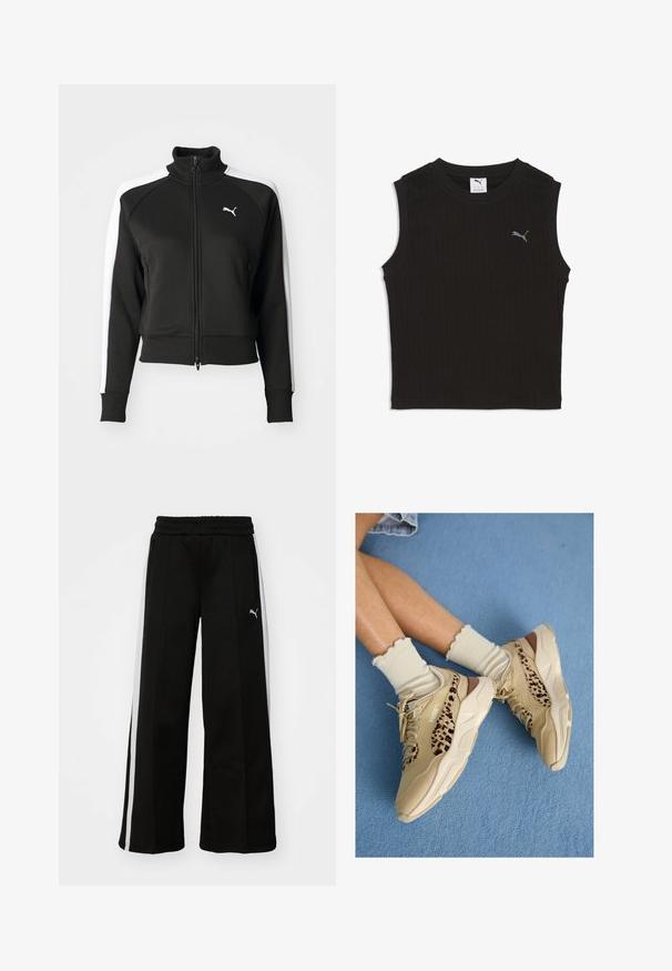 Chaqueta negra con cierre de cremallera y cuello alto, que cuenta con acentos en paneles laterales blancos y un pequeño logo blanco en el pecho. Puños y dobladillo acanalados.; Top corto negro sin mangas con textura acanalada, cuello redondo y pequeño logo gris de Puma en el pecho izquierdo.; Pantalones anchos negros con cintura elástica, rayas blancas verticales, bolsillos laterales con cremallera y un pequeño logo en el muslo.; Piernas cruzadas con zapatillas Puma beige con rayas de estampado de leopardo y calcetines crema con volantes sobre una alfombra azul.