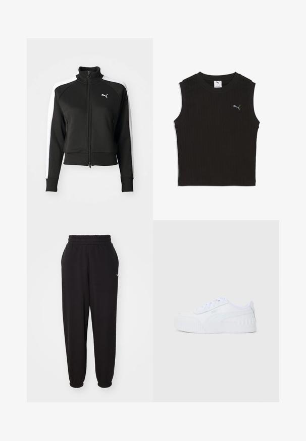 Sort zip-jakke med høj krave, der har hvide sideskåringsdetaljer og et lille hvidt logo på brystet. Ribkanter på ærmerne og nederste kant.; Sort ærmeløs ribbet croptop med rund hals og lille gråt Puma-logo på venstre bryst.; Sorte sweatpants lavet af blødt stof, med en ribbet talje og mansjetter ved anklerne. Indeholder en lille logoaccent på siden.; Hvide lave Puma sneakers med snørebånd, tekstureret gummisål og brandlogo på siden og hælflappen.