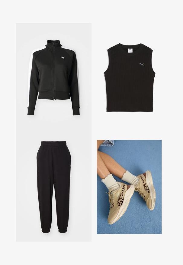 Sort zip-jakke med høj krave, der har hvide sideskåringsdetaljer og et lille hvidt logo på brystet. Ribkanter på ærmerne og nederste kant.; Sort ærmeløs ribbet croptop med rund hals og lille gråt Puma-logo på venstre bryst.; Sorte sweatpants lavet af blødt stof, med en ribbet talje og mansjetter ved anklerne. Indeholder en lille logoaccent på siden.; Benen krydset iført beige Puma-sneakers med leopardstriber og flæset cremefarvede sokker på et blåt tæppebelagt gulv.