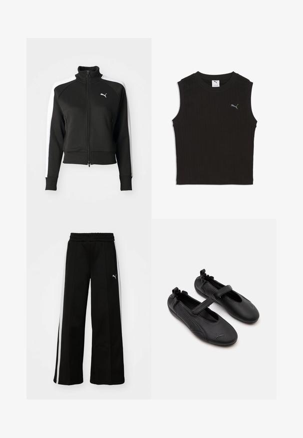 Sort zip-jakke med høj krave, der har hvide sideskåringsdetaljer og et lille hvidt logo på brystet. Ribkanter på ærmerne og nederste kant.; Sort ærmeløs ribbet croptop med rund hals og lille gråt Puma-logo på venstre bryst.; Sorte bukser med vide ben, elastisk talje, lodrette hvide striber, sidelivlommer og et lille logo på låret.; Par sorte læder Mary Jane-stil sko med elastisk bagpå og velcrolukning, med en diskret Puma-logo på hver tå.