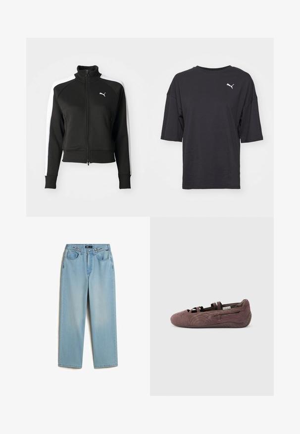 Zwarte zip-up jas met hoge kraag, voorzien van witte zijpanelen en een klein wit logo op de borst. Geribde manchetten en onderrand.; Zwarte oversized t-shirt van katoen, met korte mouwen en een ronde halslijn, voorzien van een wit Puma-logo op de linkerborst.; Vans CINCHED CHECK - Baggy jeans - light stonewash; Bruine suède ballerinaschoen met elastische bandjes en een gestructureerde zool, zijwaarts weergegeven op een effen lichte achtergrond.