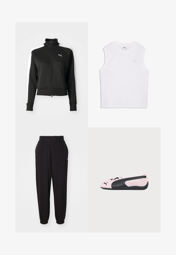 Chaqueta negra con cierre de cremallera y cuello alto, que cuenta con acentos en paneles laterales blancos y un pequeño logo blanco en el pecho. Puños y dobladillo acanalados.; Camiseta sin mangas blanca de punto acanalado con escote redondo y pequeño logo de Puma en el lado izquierdo del pecho.; Pantalones de chándal negros hechos de tela suave, con cinturilla acanalada y tobillos ajustados. Incluye un pequeño logotipo en el costado.; Bailarina Puma de color rosa claro y negro con logo negro en la puntera y suela texturizada, mostrada de perfil lateral sobre fondo liso.