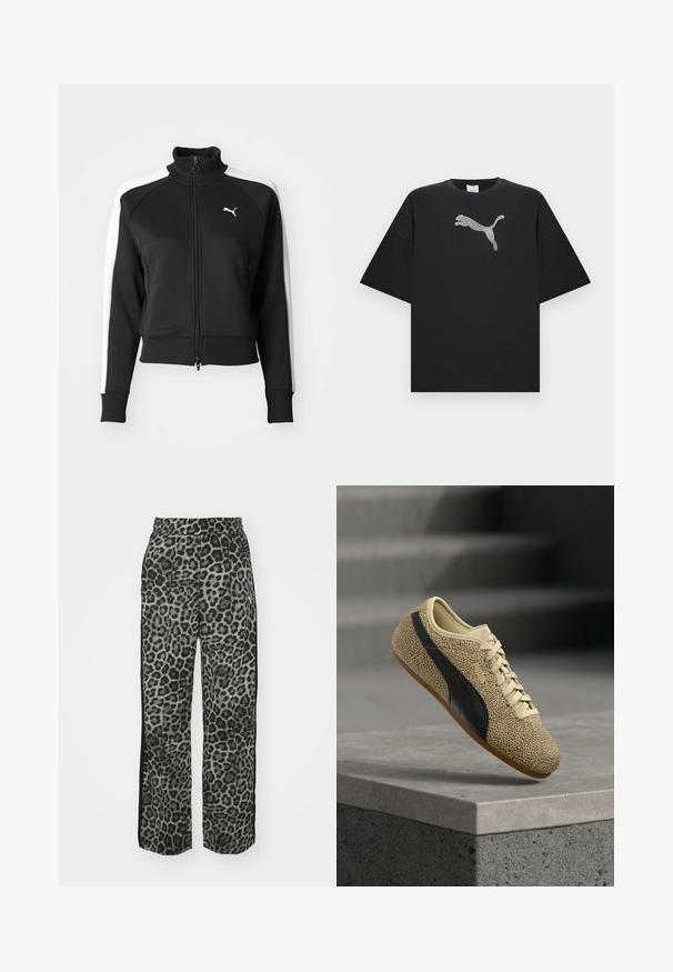 Zwarte zip-up jas met hoge kraag, voorzien van witte zijpanelen en een klein wit logo op de borst. Geribde manchetten en onderrand.; Zwart oversized T-shirt met korte mouwen, voorzien van een groot wit Puma-logo middenvoor.; Leopardprintbroek in grijstinten met een relaxed fit, elastische tailleband en zwarte zijaccenten voor extra detail en contrast.; Tan sneaker met een zwarte streep en kleine zwarte stippen, beige veters en een gumkleurige zool, zwevend in de lucht boven een grijze betonnen rand.