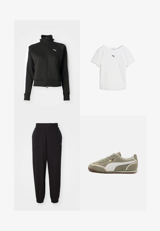 Chaqueta negra con cierre de cremallera y cuello alto, que cuenta con acentos en paneles laterales blancos y un pequeño logo blanco en el pecho. Puños y dobladillo acanalados.; Camiseta blanca acanalada de manga corta con escote redondo y un pequeño logo negro de Puma en el centro del pecho.; Pantalones de chándal negros hechos de tela suave, con cinturilla acanalada y tobillos ajustados. Incluye un pequeño logotipo en el costado.; Zapatillas de ante verde con acentos de cuero blanco, costuras texturizadas, parte frontal con cordones y suela de goma. Presenta detalles de diseño únicos a lo largo de los lados.