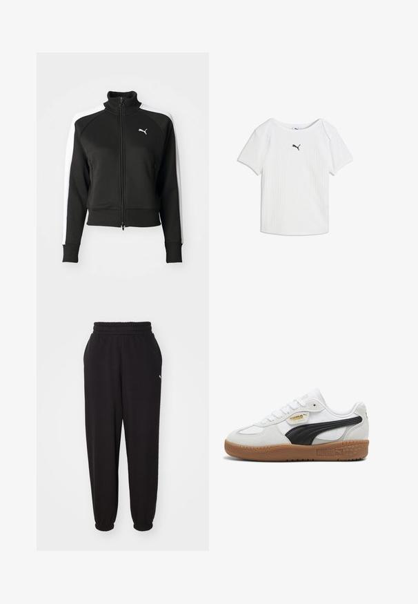 Chaqueta negra con cierre de cremallera y cuello alto, que cuenta con acentos en paneles laterales blancos y un pequeño logo blanco en el pecho. Puños y dobladillo acanalados.; Camiseta blanca acanalada de manga corta con escote redondo y un pequeño logo negro de Puma en el centro del pecho.; Pantalones de chándal negros hechos de tela suave, con cinturilla acanalada y tobillos ajustados. Incluye un pequeño logotipo en el costado.; Zapatillas de cuero blanco con una franja de ante negro, suela de goma y branding dorado en el costado. Diseño con cordones y puntera redondeada.