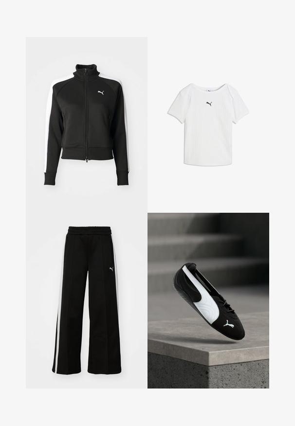 Sort zip-jakke med høj krave, der har hvide sideskåringsdetaljer og et lille hvidt logo på brystet. Ribkanter på ærmerne og nederste kant.; Hvid ribstrikket T-shirt med korte ærmer, rund halsudskæring og et lille sort Puma-logo i midten af brystet.; Sorte bukser med vide ben, elastisk talje, lodrette hvide striber, sidelivlommer og et lille logo på låret.; Sort-hvid Puma sneaker med snørebånd, svævende over en betonkant mod en sløret grå trappebaggrund.